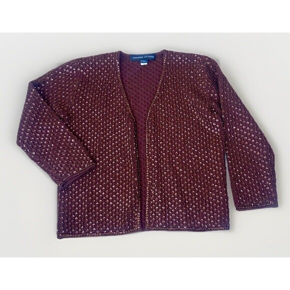 Adrienne Vittadini Brown Holiday Beaded Sequin Wool Open Front Cardigan Size M - Picture 1 of 10